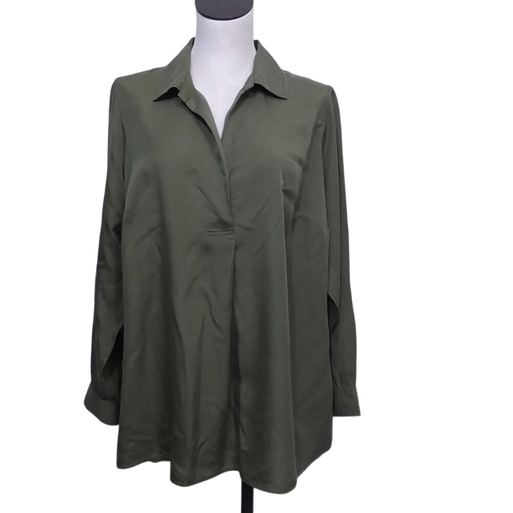 Talbots Plus Olive Green Lyocell Button Back Tunic Blouse Top Size X Long Sleeve